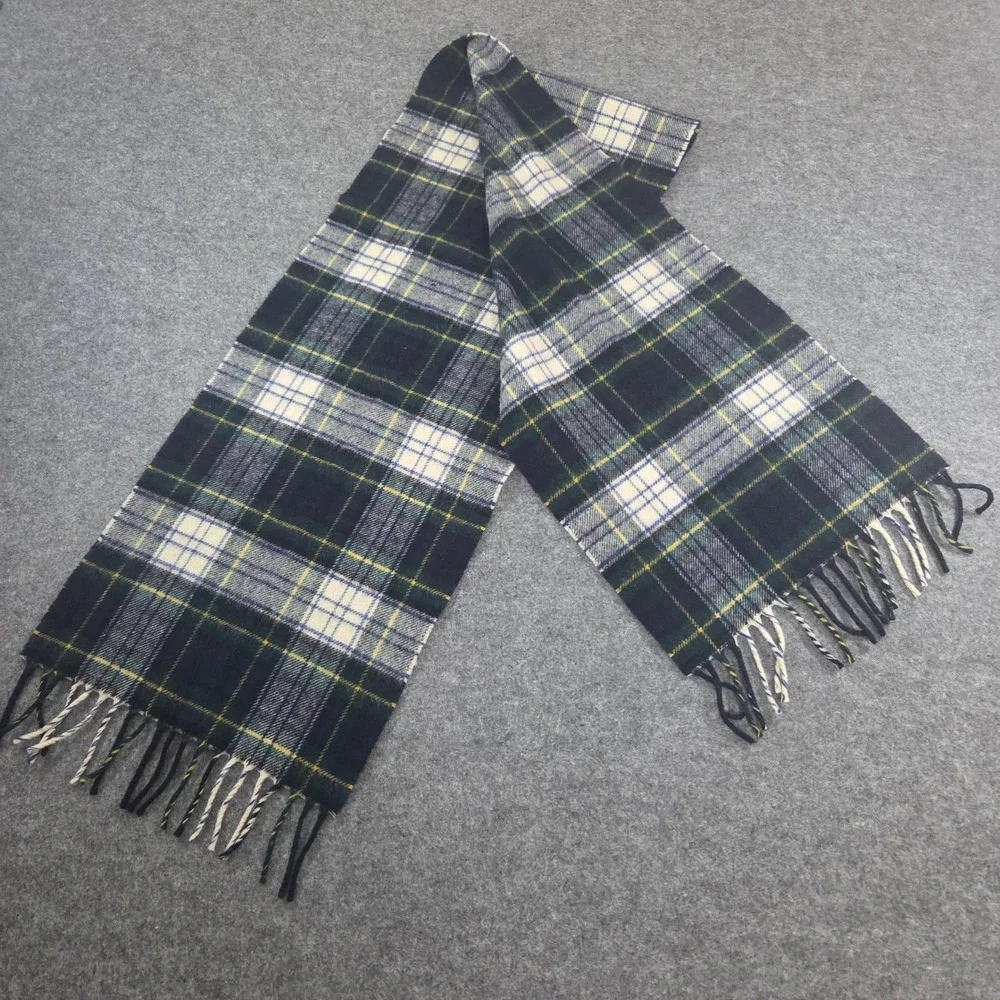 Gordon Dress Tartan Plaid Scarf Navy Green White Yellow Fringe 56 x 12